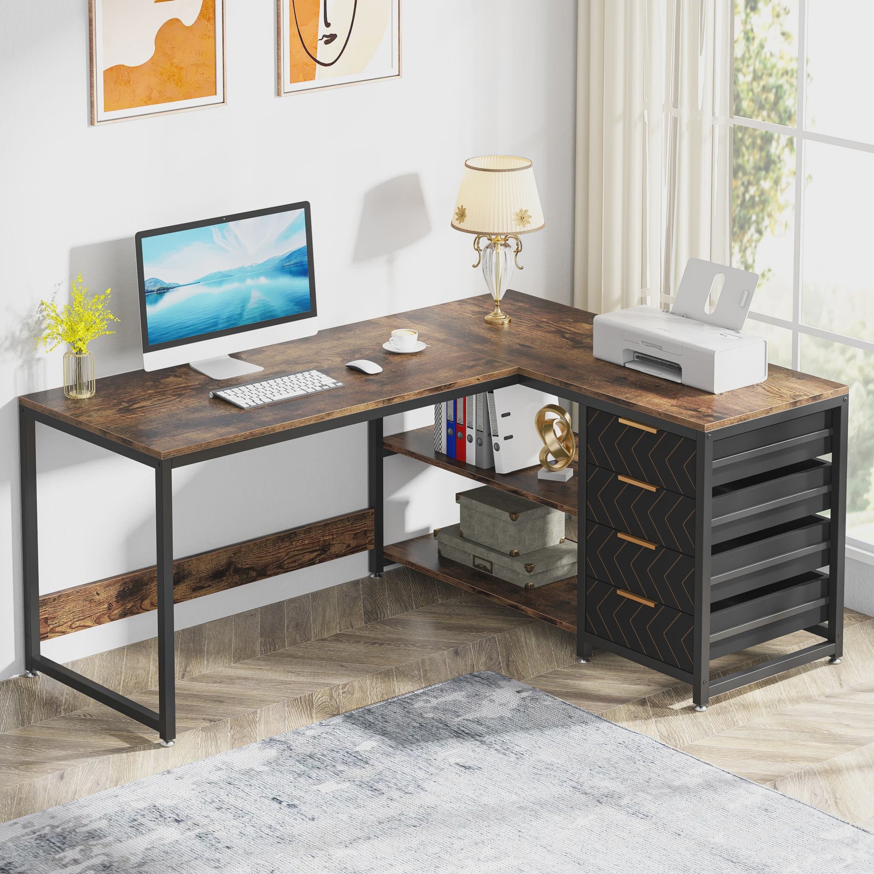 L-vormig Bureau met Opbergruimte en Planken - 150 cm Hoekbureau