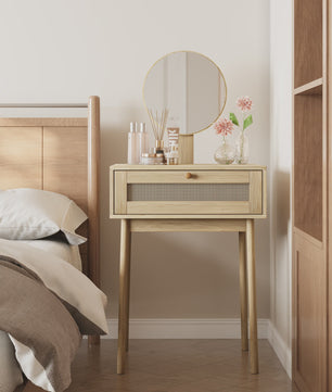 Houten Make-up Tafel met Rotan Ladefront en Ronde Spiegel - Stijlvolle Kaptafel