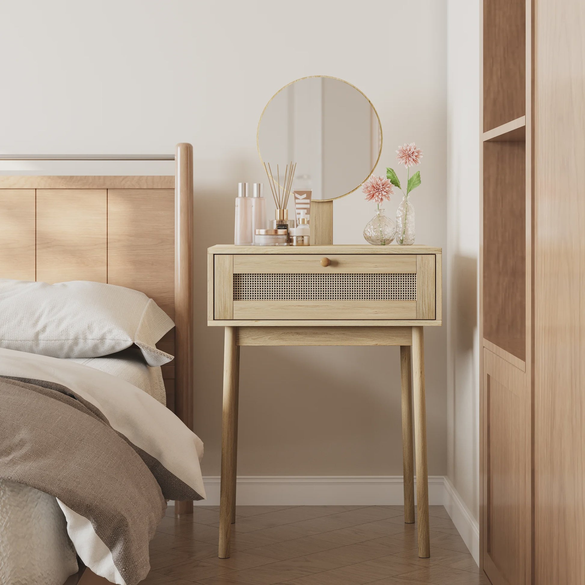 Houten Make-up Tafel met Rotan Ladefront en Ronde Spiegel - Stijlvolle Kaptafel