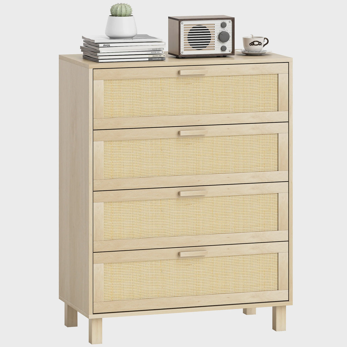 Ladekast 4 Lades met Rotan Fronten - Licht Hout MDF - 80x40x103 cm