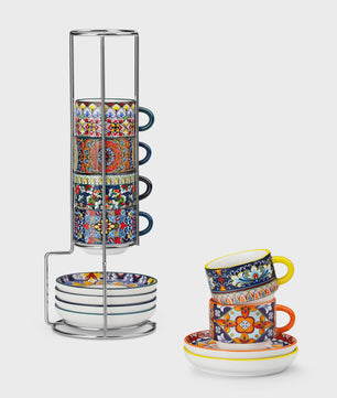 Bohemian Porseleinen Koffiekopjes met Schotels en Metalen Standaard - Set van 6/12