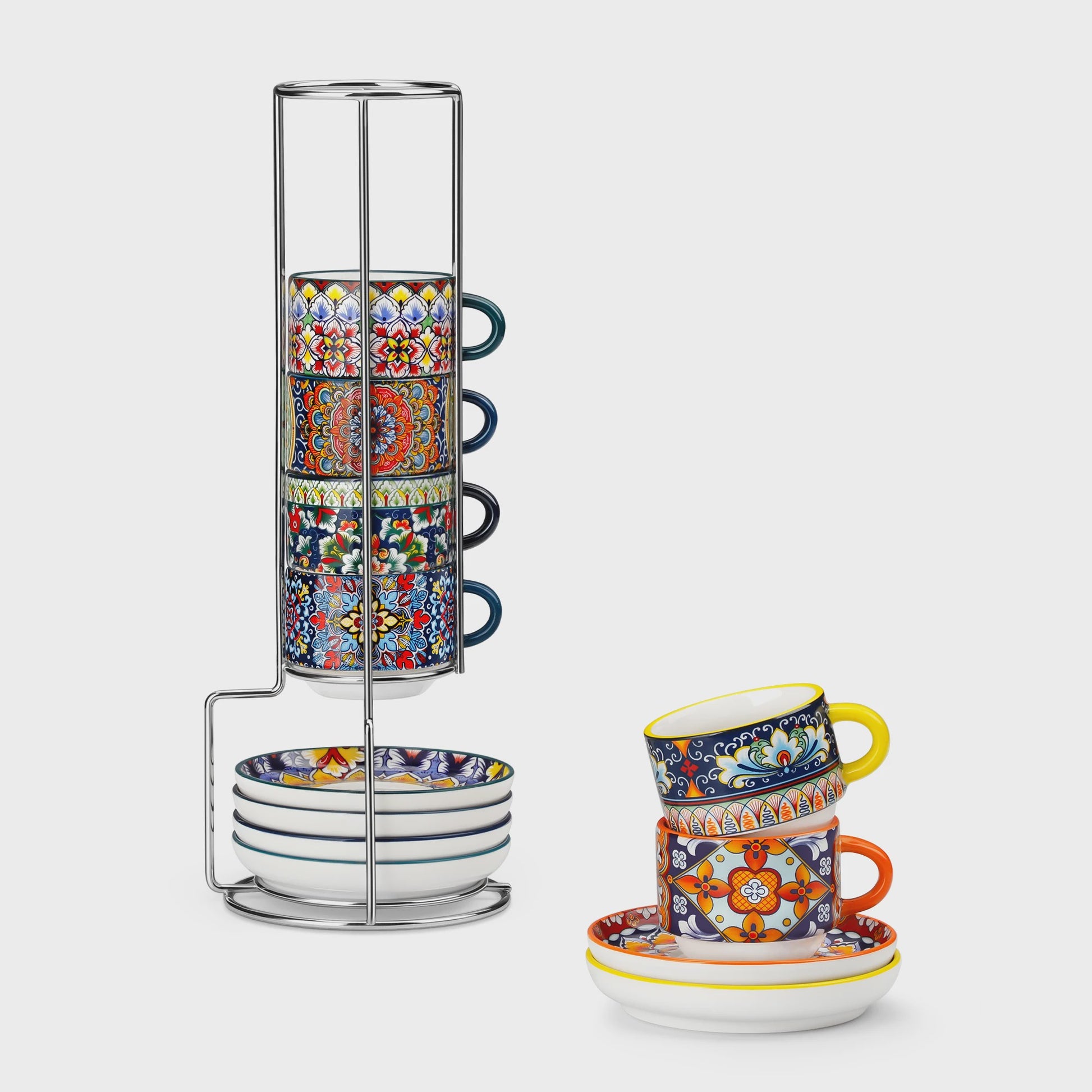 Bohemian Porseleinen Koffiekopjes met Schotels en Metalen Standaard - Set van 6/12