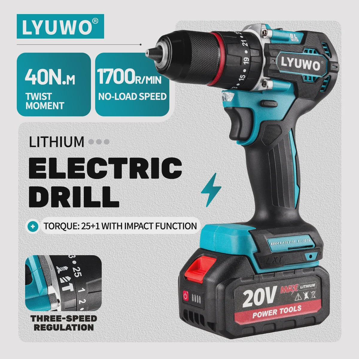 LYUWO 20V Brushless Accu Klopboormachine & Schroefmachine | 4.0Ah Batterij