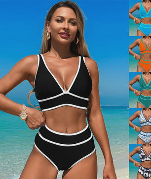 Dames Bikini Set V-hals High Waisted Tweedelig Zwemkleding Effen of Bloemenprint