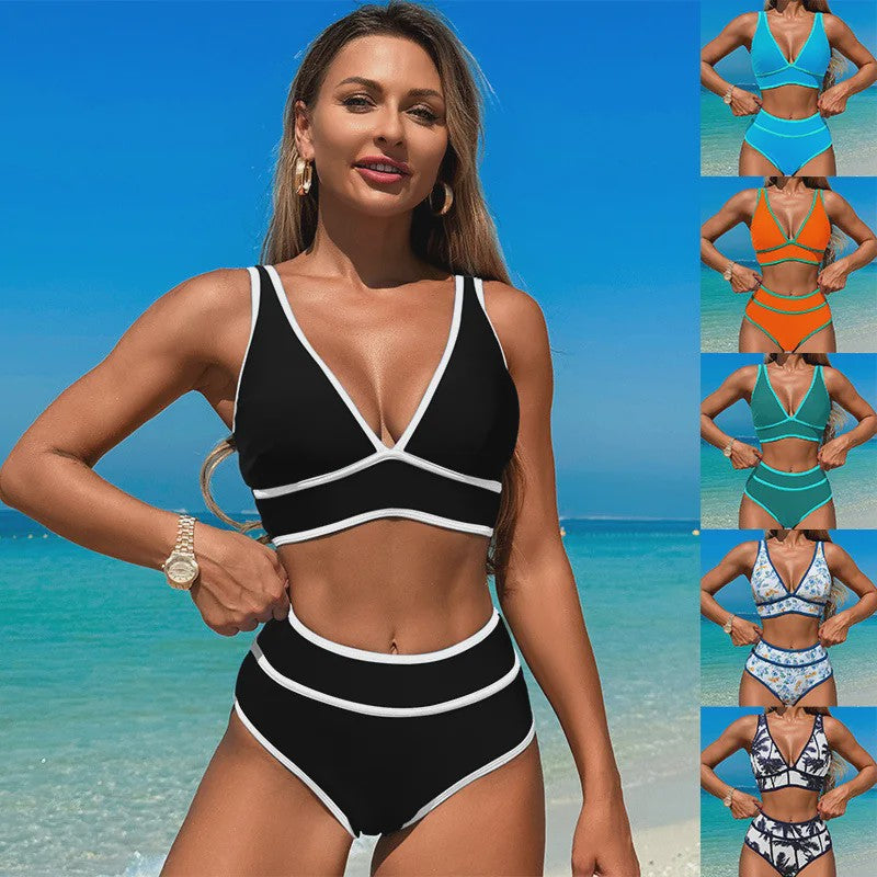 Dames Bikini Set V-hals High Waisted Tweedelig Zwemkleding Effen of Bloemenprint