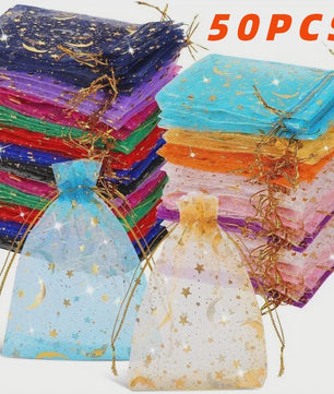 50 Stuks Organza Zakjes met Maan & Sterren - Goudkleurig - Ideaal voor Cadeaus en Sieraden