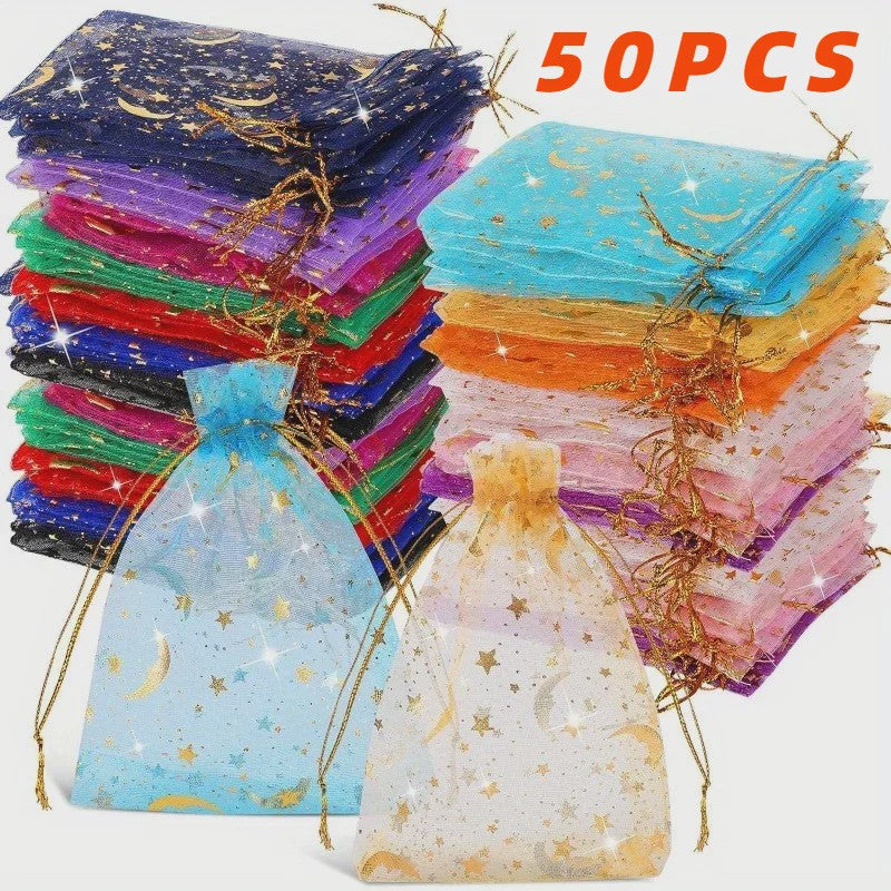 50 Stuks Organza Zakjes met Maan & Sterren - Goudkleurig - Ideaal voor Cadeaus en Sieraden
