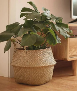 Handgeweven Zeegras Mand met Handvatten - Decoratieve Opbergmand & Plantenpot
