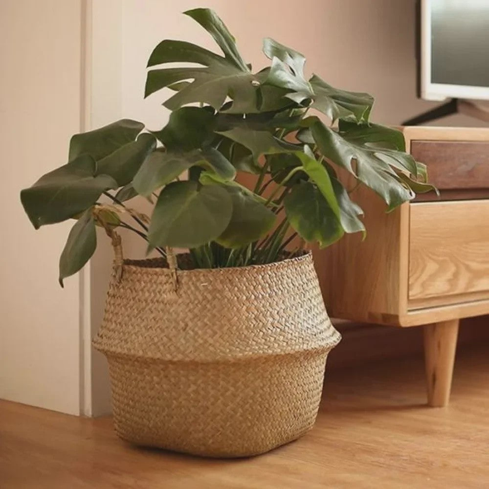 Handgeweven Zeegras Mand met Handvatten - Decoratieve Opbergmand & Plantenpot