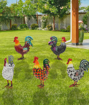 Set van 5 Metalen Haan Tuindecoratie Beelden - Farmhouse Stijl