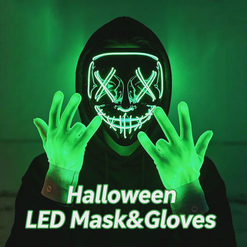 Verlicht LED Neon Purge Masker met Fiber Optic Handschoenen - Halloween & Feest