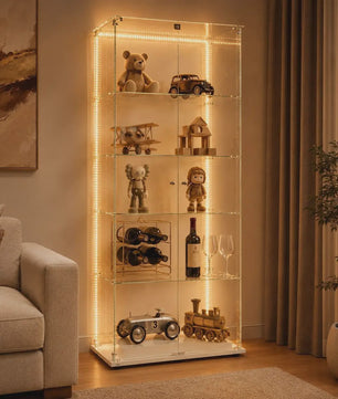 Moderne Witte Glazen Vitrinekast met LED Verlichting, 5 Legborden en 2 Vergrendelbare Deuren - 186x78x34 cm