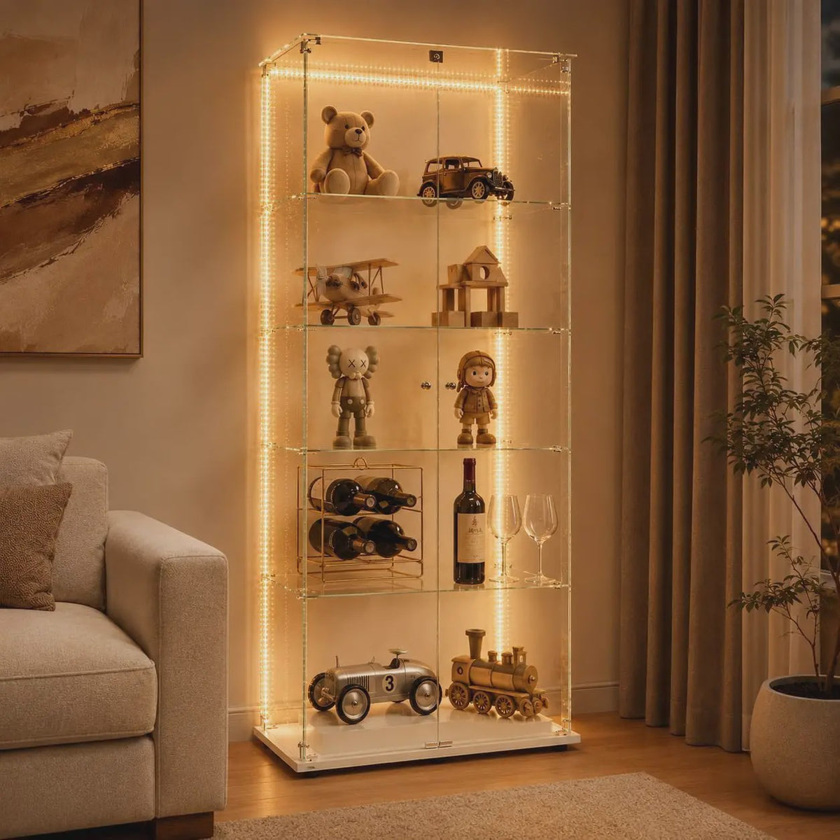 Moderne Witte Glazen Vitrinekast met LED Verlichting, 5 Legborden en 2 Vergrendelbare Deuren - 186x78x34 cm