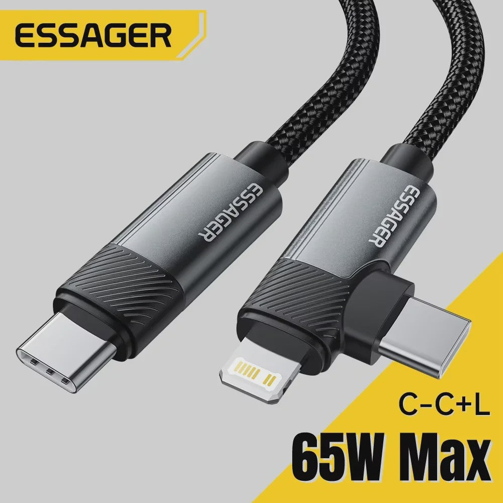 Essager 2-in-1 Hoek Kabel: PD 65W Snelladen & Data | USB-C & Lightning