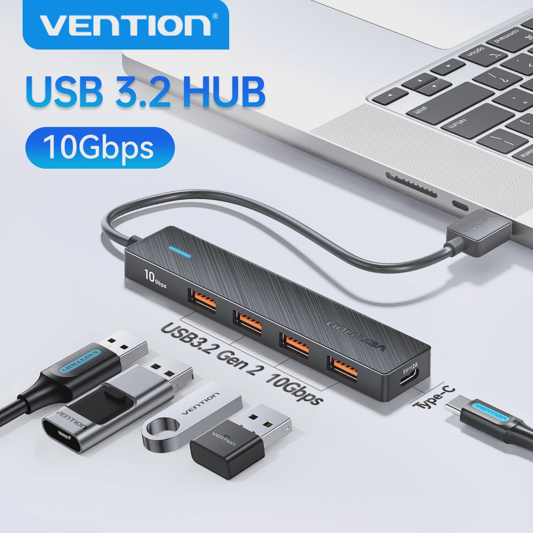Vention 5-Poorts USB 3.2 Gen2 Hub met 10Gbps Snelheid - USB-A & Type-C Multiport Adapter
