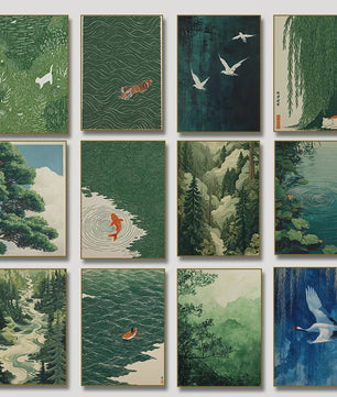 Japanse Canvas Poster: Zen Bos, Koi Vis & Kraanvogel - Sfeervolle Wanddecoratie