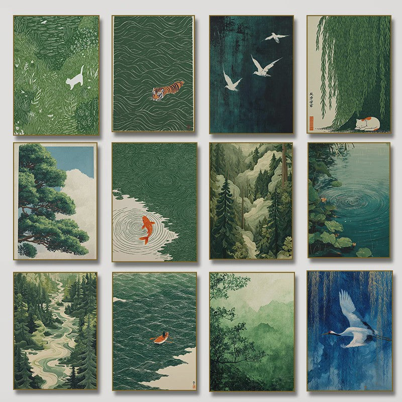 Japanse Canvas Poster: Zen Bos, Koi Vis & Kraanvogel - Sfeervolle Wanddecoratie