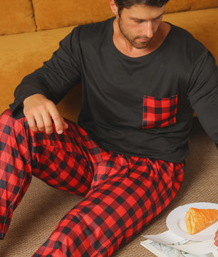 Heren Pyjama Set: Comfortabele Lange Mouwen & Ruitjes Broek voor Herfst/Winter