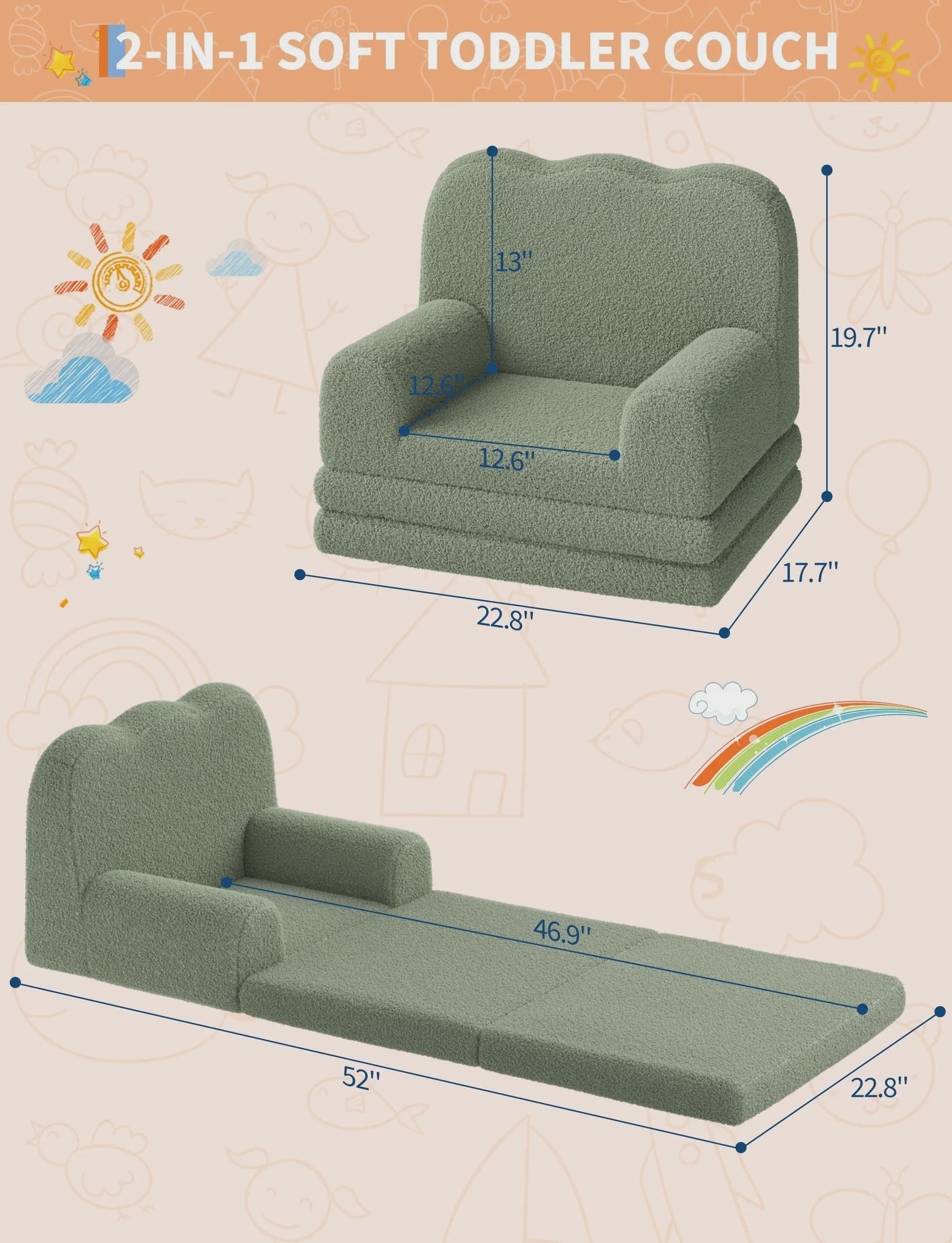 2-in-1 Kinderfauteuil & Sofa: Zacht, Opvouwbaar en Comfortabel Foam Meubel voor Kinderkamer