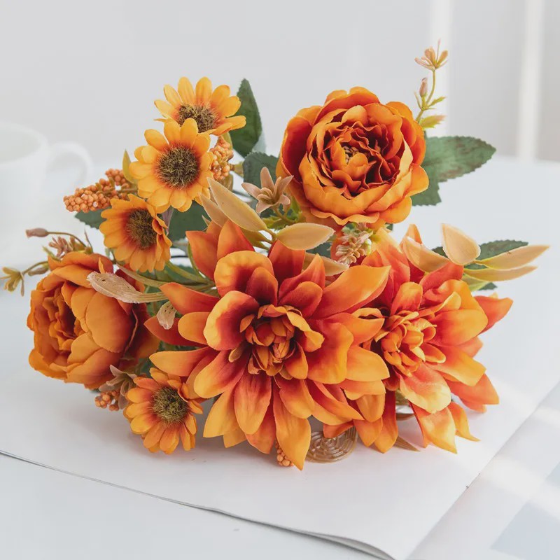 Kunstboeket Dahlia Rozen Madeliefjes - Zijde Bloemen voor Feestelijke Decoratie