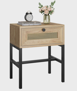 Nachtkastje Rotan Hout met Lade - Boho Bijzettafel met Metalen Frame