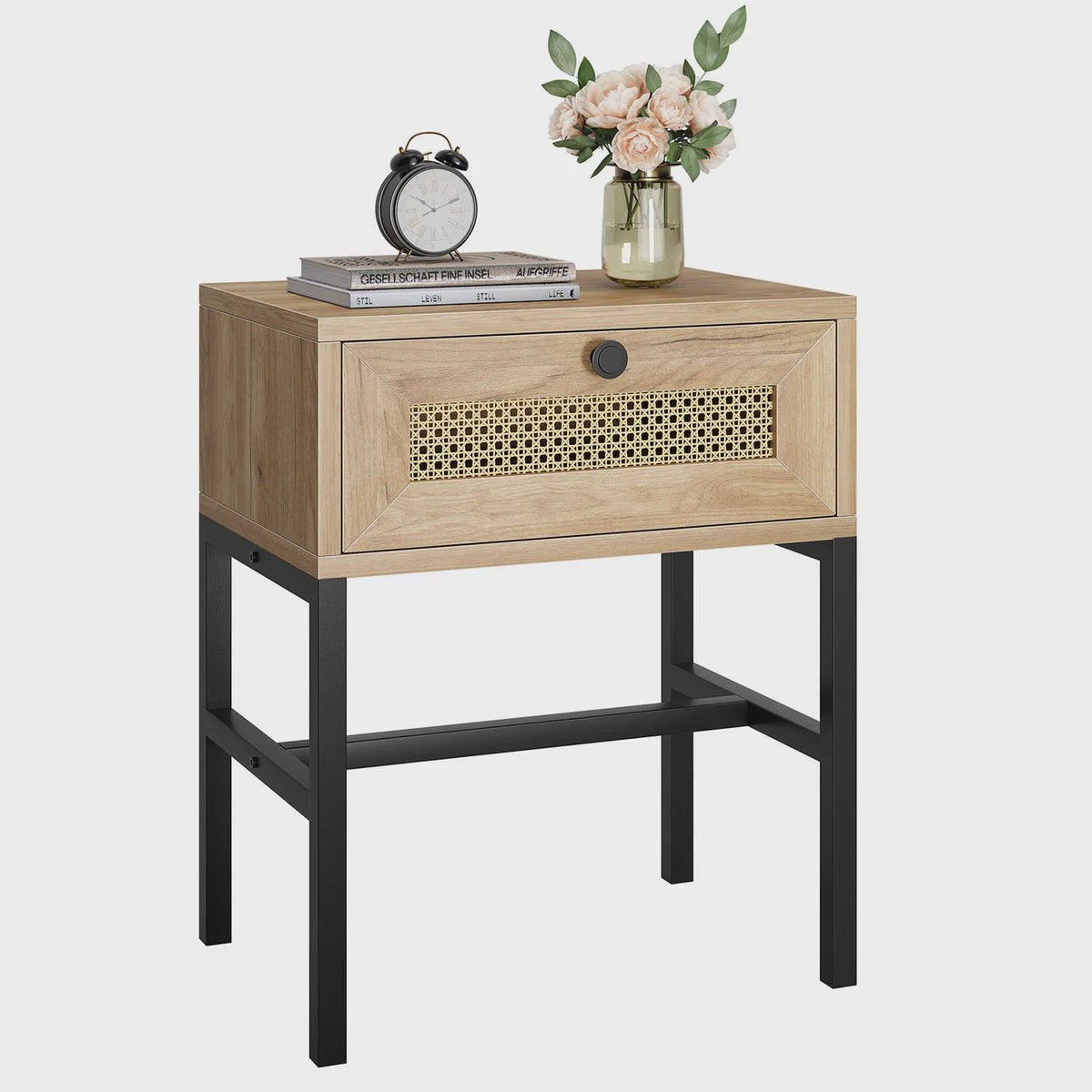 Nachtkastje Rotan Hout met Lade - Boho Bijzettafel met Metalen Frame