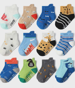 6 Paar Katoenen Kindersokken met Antislip & Leuke Dierenprints - Perfect voor Peuters en Jongens, het Hele Jaar Door