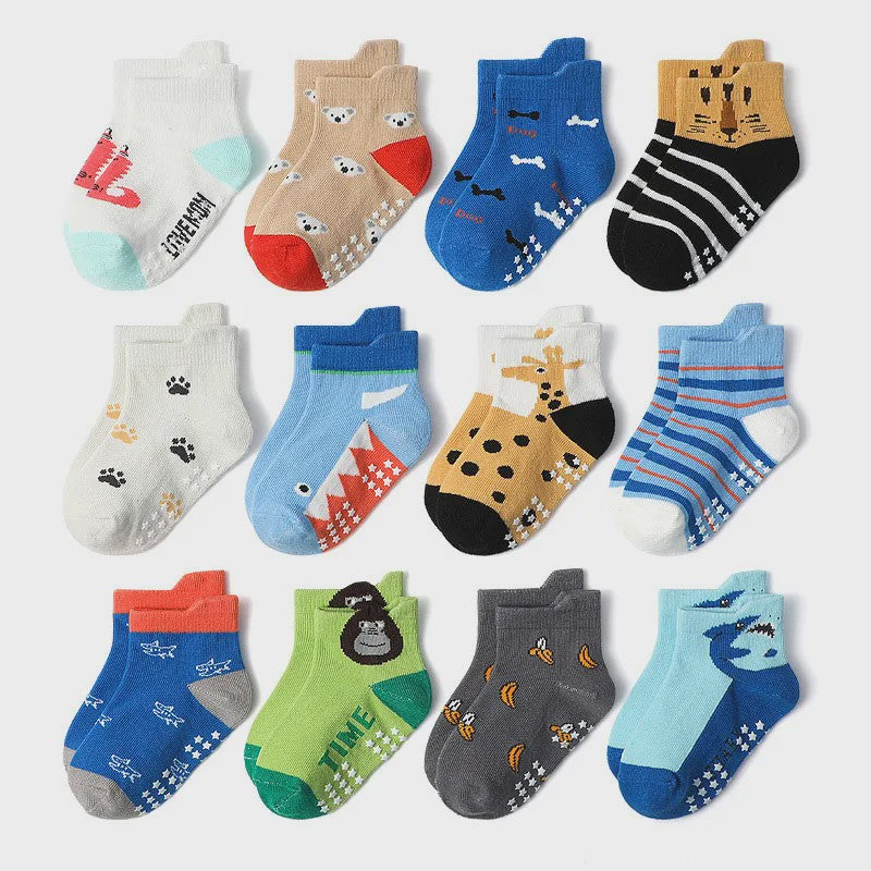 6 Paar Katoenen Kindersokken met Antislip & Leuke Dierenprints - Perfect voor Peuters en Jongens, het Hele Jaar Door