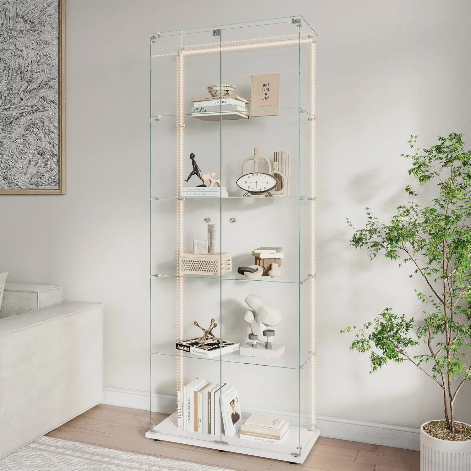 Moderne Glazen Vitrinekast met LED Verlichting - 5 Lagen, 2 Deuren