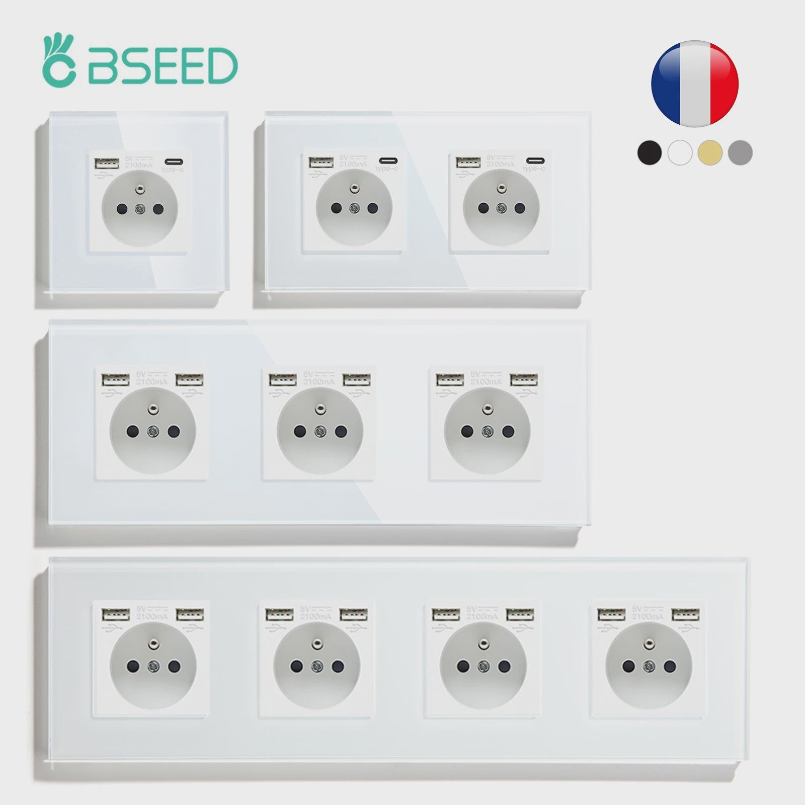 BSEED Wandcontactdoos met Dubbele USB & Type-C Poorten - Stijlvol Glazen Frame