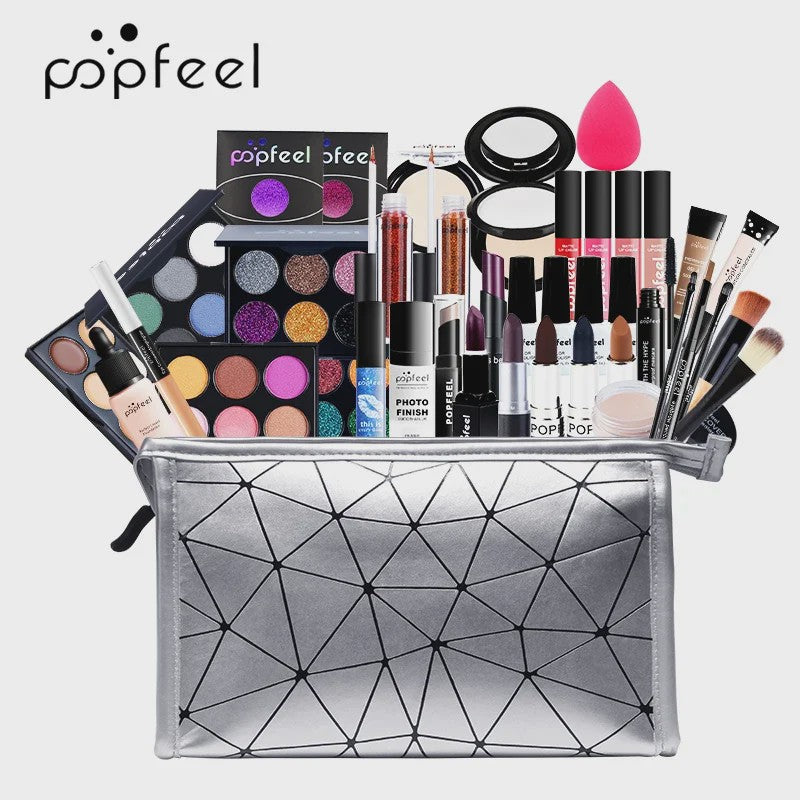 Complete Make-up Set voor Dames: Oogschaduw, Foundation, Lippenstift & Make-up Tas