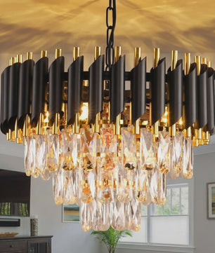 Luxe Zwarte & Gouden Kristallen Kroonluchter met Verstelbare Ketting - Stijlvolle Hanglamp