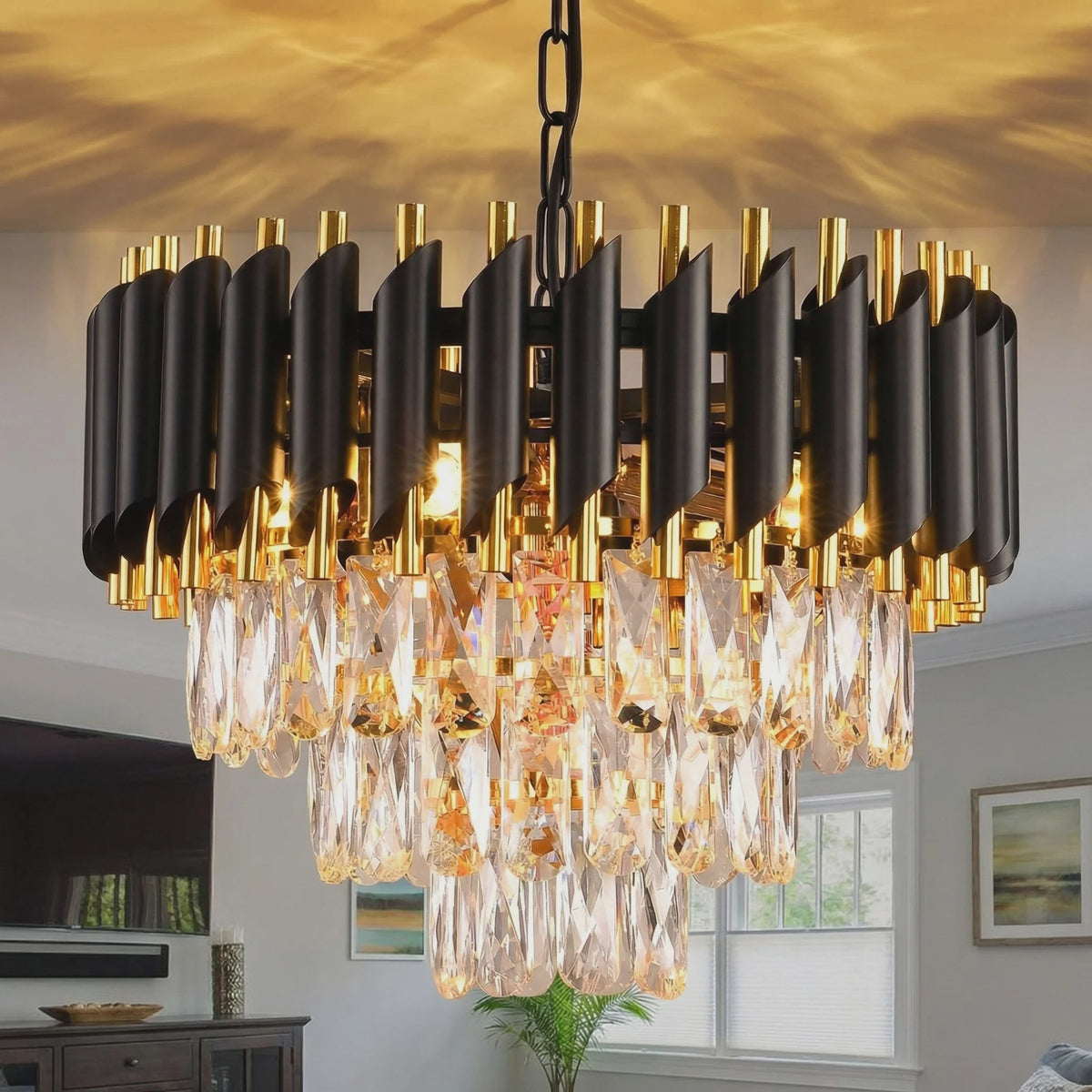Luxe Zwarte & Gouden Kristallen Kroonluchter met Verstelbare Ketting - Stijlvolle Hanglamp
