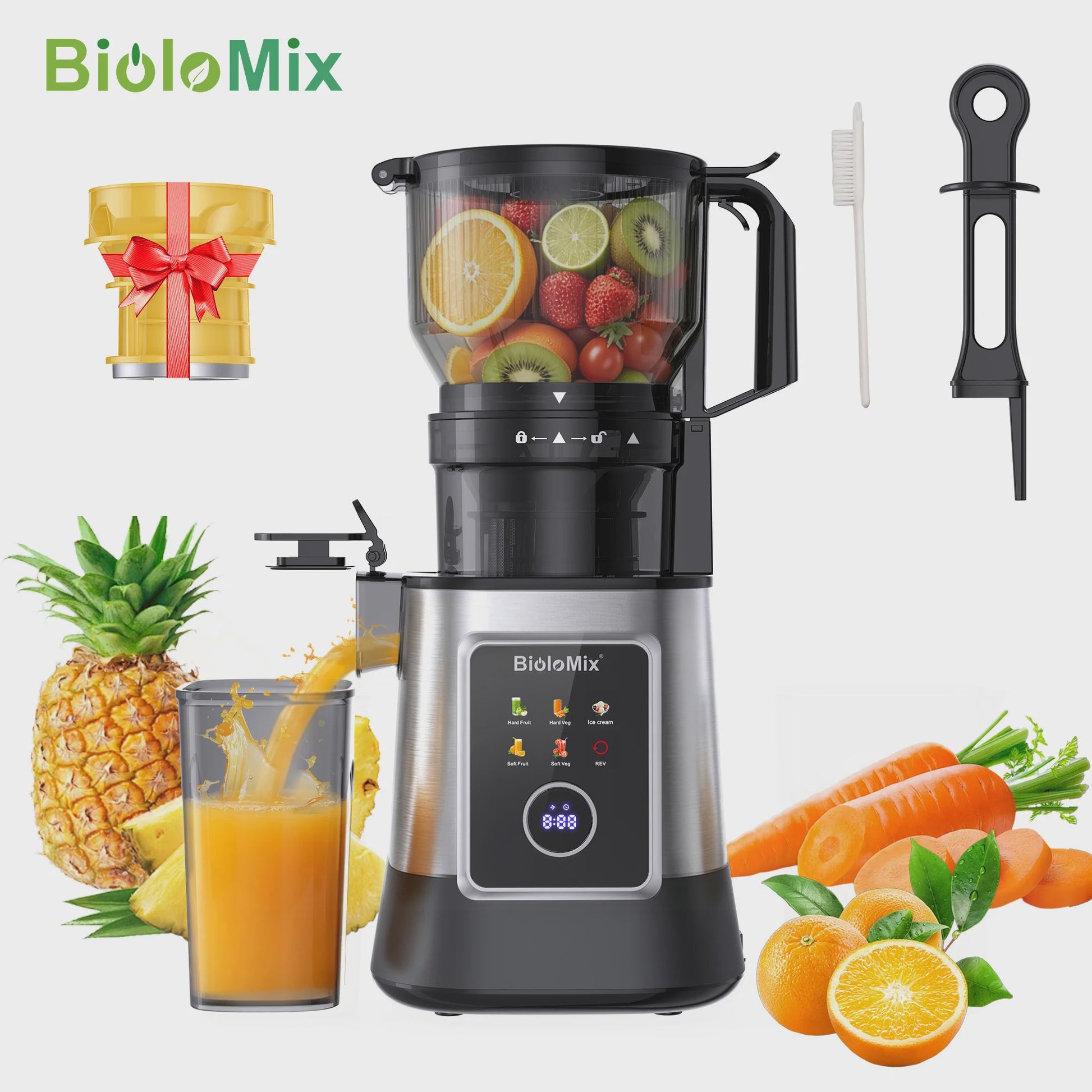 BioloMix 3-in-1 Slow Juicer: Sap, Sorbet & Notenmelk - 150mm Brede Vulopening, 300W Digitaal Display