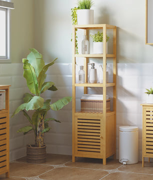 HOMCOM Bamboe Kolomkast Badkamer - 4 Niveaus met Kastje - 140 cm Hoog