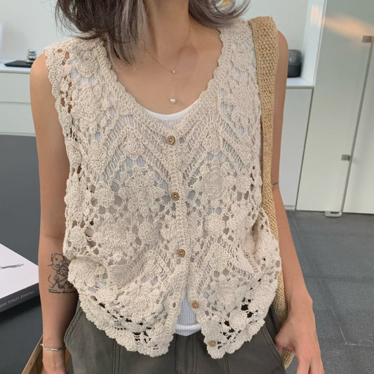 Gehaakt Vest Dames met Bloemen Borduurwerk - Zomer Boho Festival Cardigan