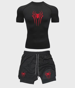Heren Sport Set: Compressie T-shirt & Short met Spider Print