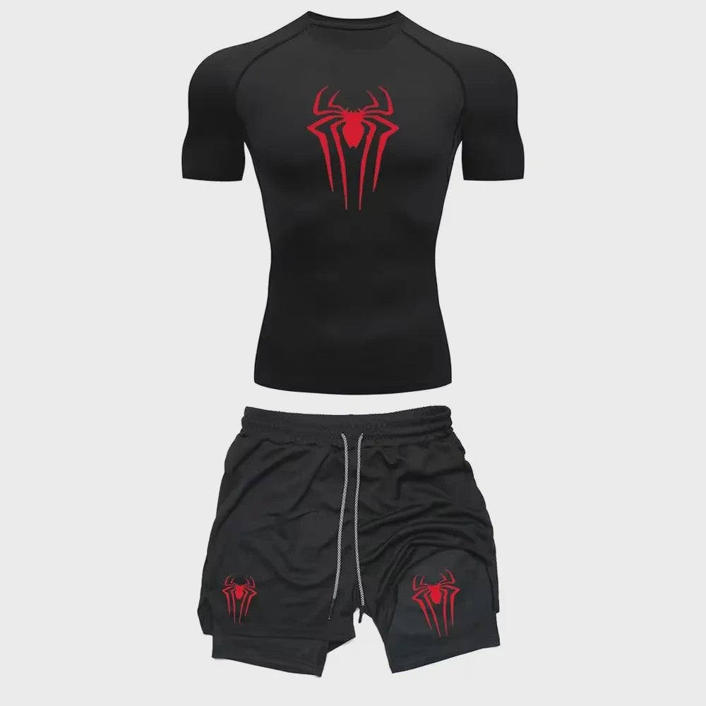 Heren Sport Set: Compressie T-shirt & Short met Spider Print