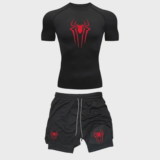 Heren Sport Set: Compressie T-shirt & Short met Spider Print