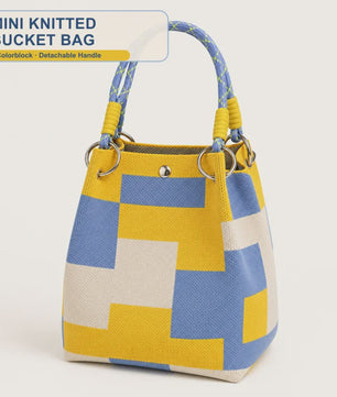 Mini Gebreide Bucket Bag Dames - Kleurrijk Colorblock Polstasje met Afneembare Handgreep