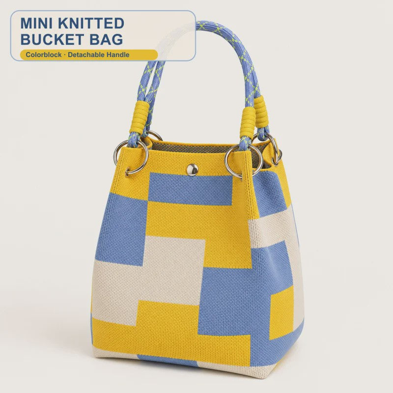 Mini Gebreide Bucket Bag Dames - Kleurrijk Colorblock Polstasje met Afneembare Handgreep
