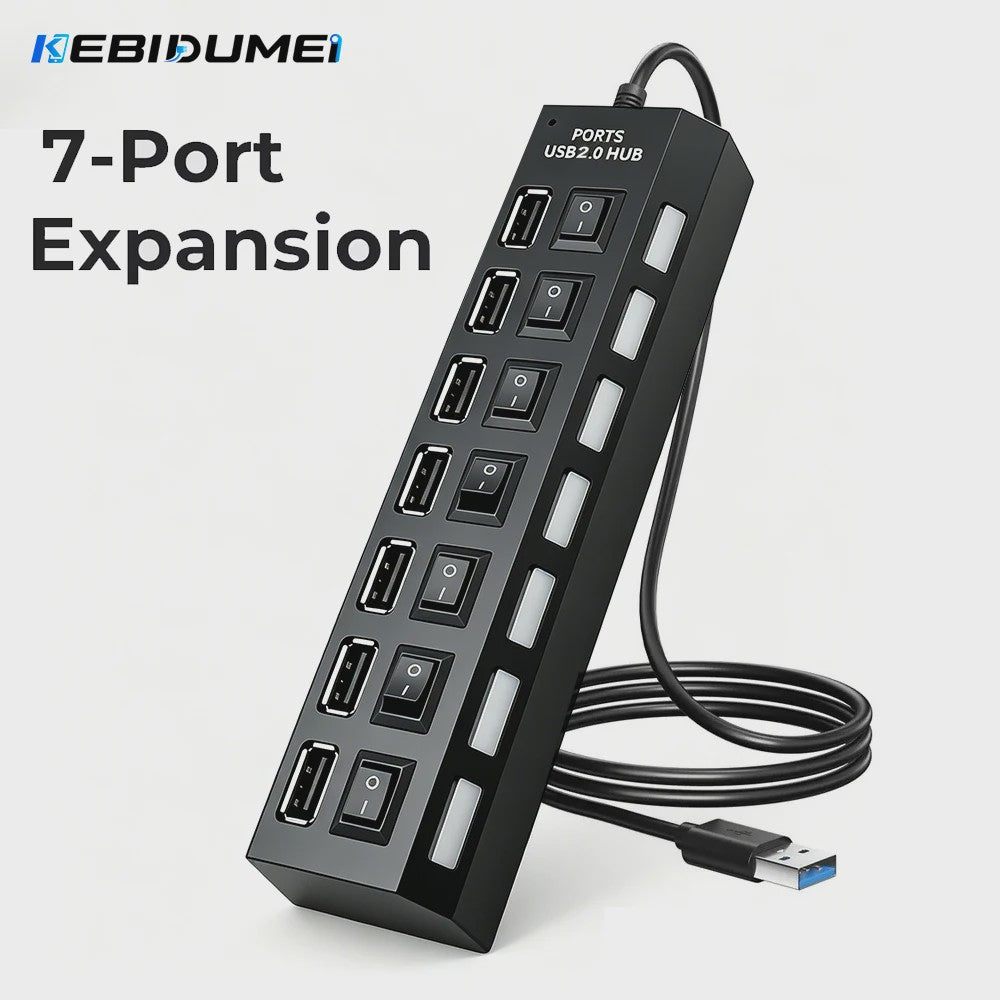 7-Poorts USB Hub met Individuele Aan/Uit Schakelaars - Hoge Snelheid USB 2.0 Splitter