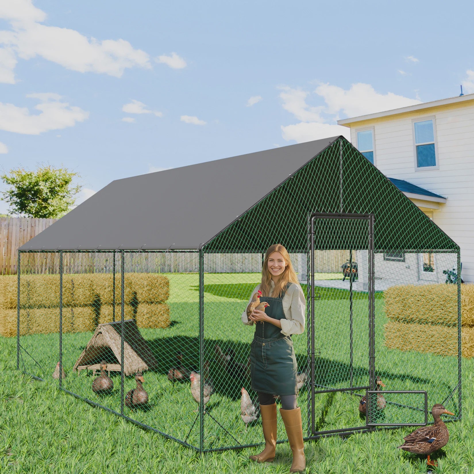 Ruime Metalen Kippenren met Dak - Weerbestendig en Roofdierproof