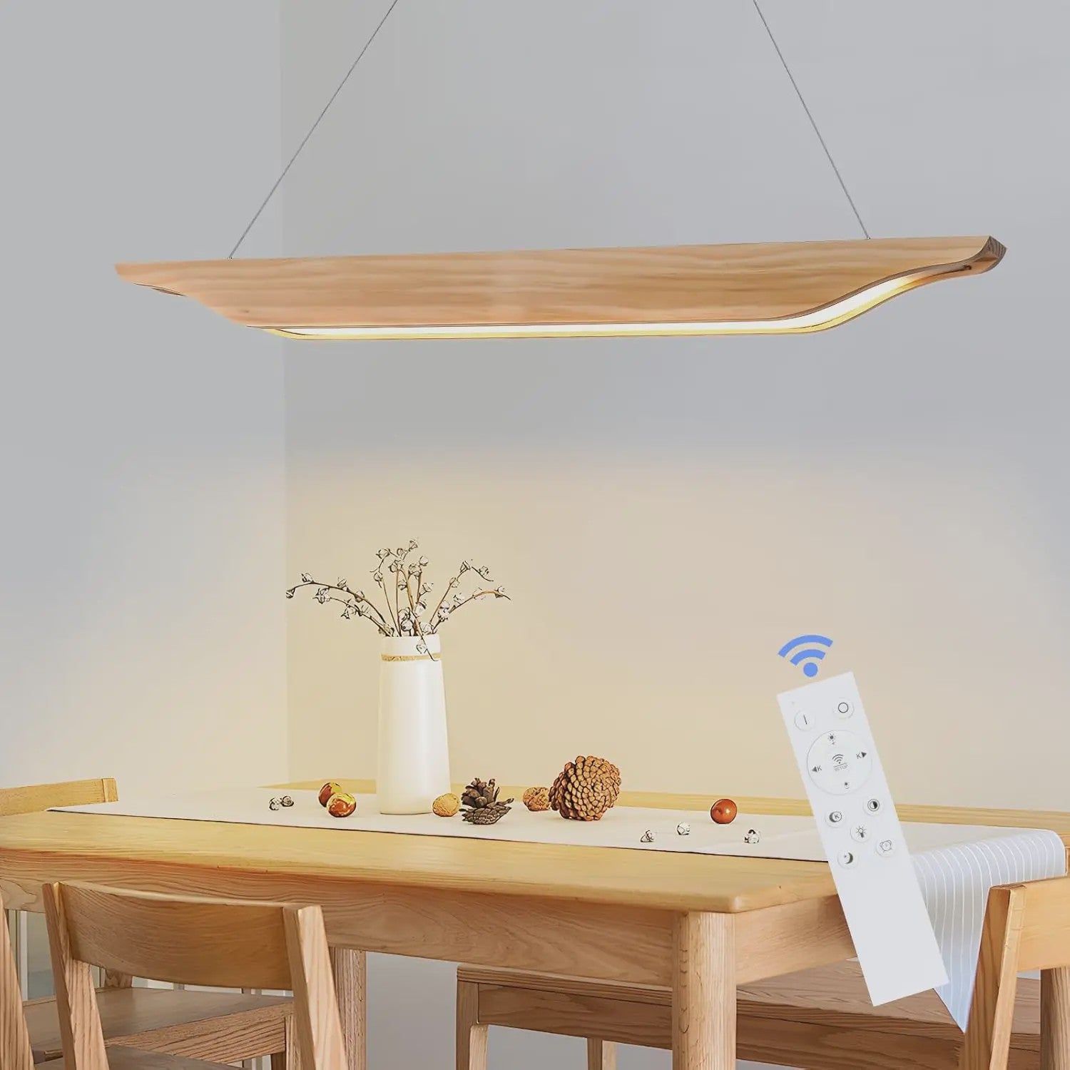 Moderne Houten LED Pendellamp 90cm - Dimbare Hanglamp met Afstandsbediening voor Eettafel, Woonkamer, Keuken