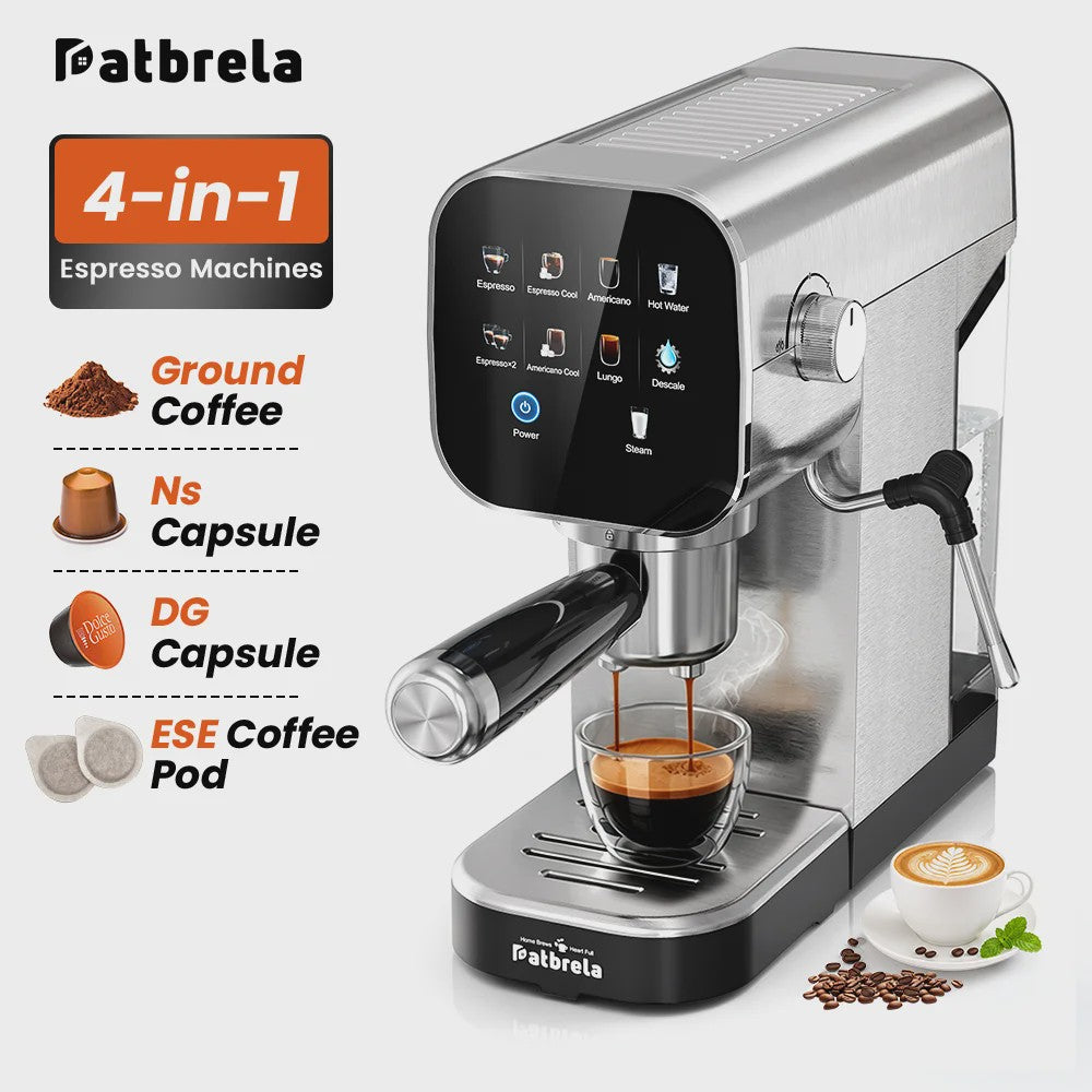 Patbrela Semi-Automatische Espressomachine 20Bar met Dubbel Watersysteem & 4-in-1 Portafilter