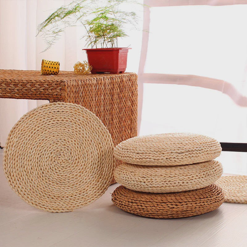 Ronde Tatami Meditatiekussen van Maïsschillen en Stro - Japans Design (30/40cm)