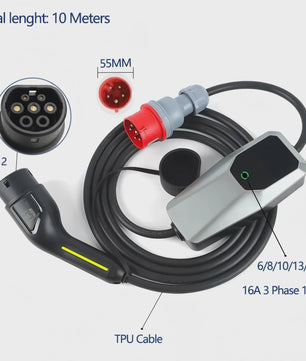 Draagbare 3-Fase EV Charger 11kW/22kW: Verstelbaar 6A-32A, 4/10/15m Kabel, DC Bescherming