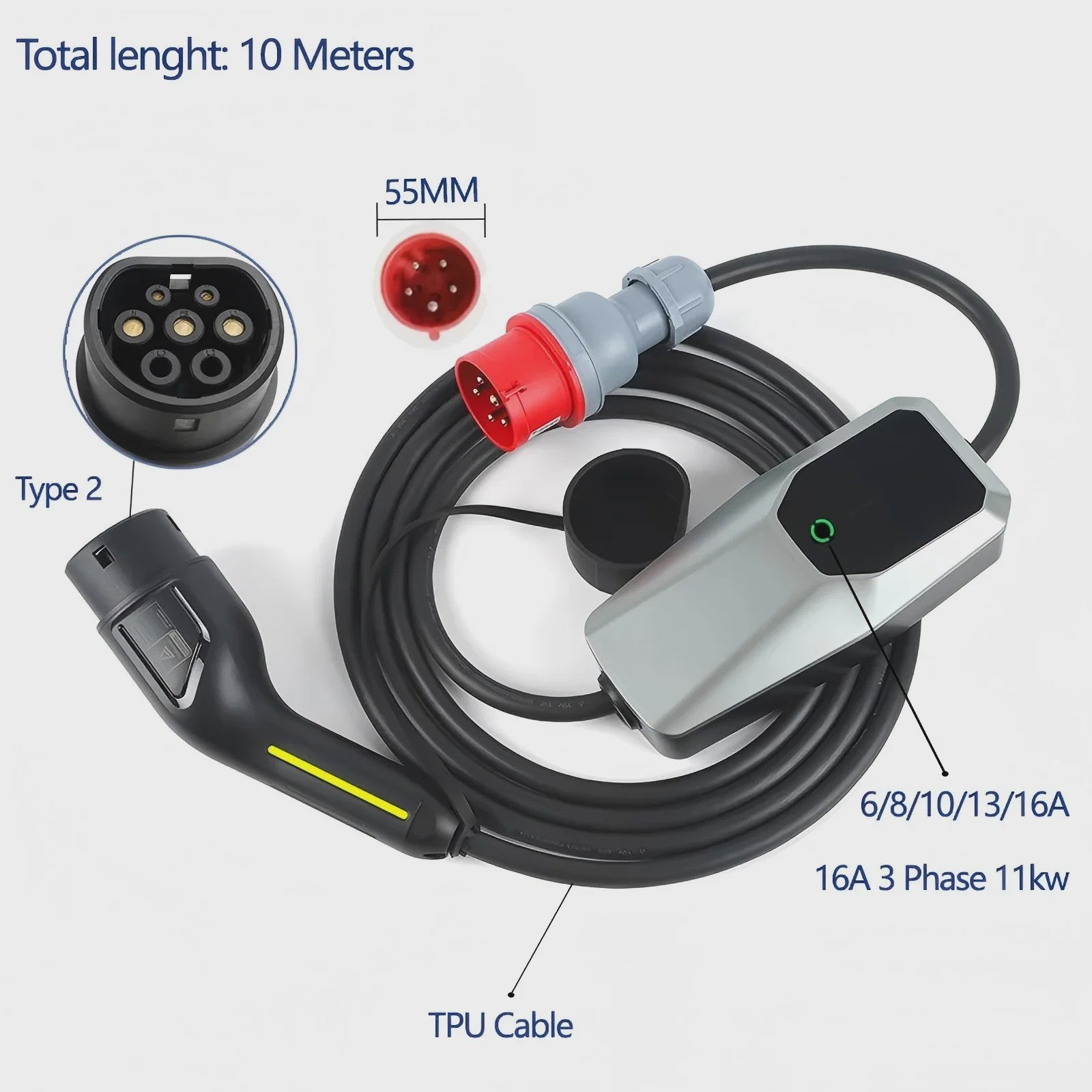 Draagbare 3-Fase EV Charger 11kW/22kW: Verstelbaar 6A-32A, 4/10/15m Kabel, DC Bescherming