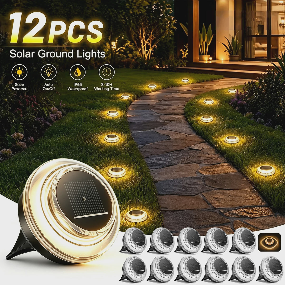 12x Solar Grondspots Warm Wit - IP65 Waterdicht - Automatische Verlichting voor Tuinpaden