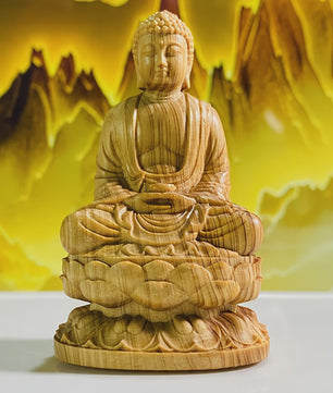 Handgesneden Houten Amitabha Boeddha Standbeeld - Decoratieve Houten Beeldje voor Huisdecoratie
